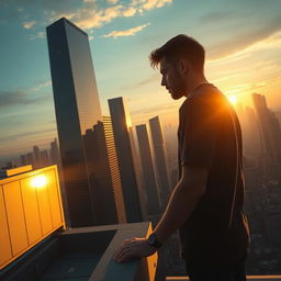 A captivating scene set on a city skyline at dawn, where Ryan stands on a rooftop gazing at the horizon as the first light breaks