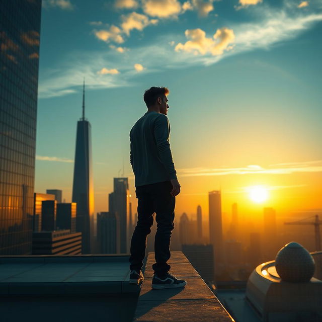 A captivating scene set on a city skyline at dawn, where Ryan stands on a rooftop gazing at the horizon as the first light breaks