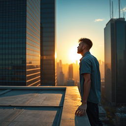 A captivating scene set on a city skyline at dawn, where Ryan stands on a rooftop gazing at the horizon as the first light breaks