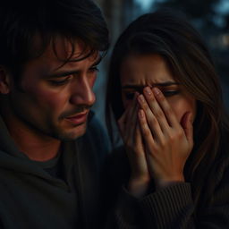 A poignant scene depicting a man and a woman crying bitterly, showcasing raw emotion and vulnerability