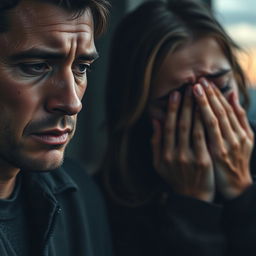 A poignant scene depicting a man and a woman crying bitterly, showcasing raw emotion and vulnerability