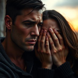 A poignant scene depicting a man and a woman crying bitterly, showcasing raw emotion and vulnerability