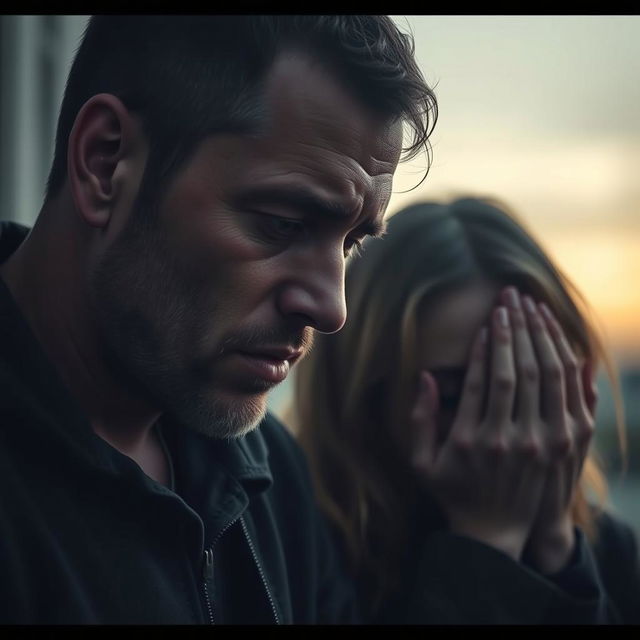 A poignant scene depicting a man and a woman crying bitterly, showcasing raw emotion and vulnerability