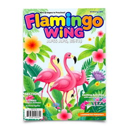 A charming magazine cover designed for 'Flamingo Wing APS, Bhuj', tailored for a preschool audience