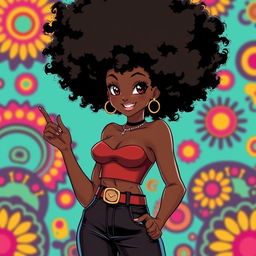 A sexy Black anime girl with a glamorous 70's style Afro hair, voluminous and perfectly styled to capture the iconic look of that era