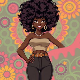 A sexy Black anime girl with a glamorous 70's style Afro hair, voluminous and perfectly styled to capture the iconic look of that era