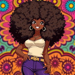 A sexy Black anime girl with a glamorous 70's style Afro hair, voluminous and perfectly styled to capture the iconic look of that era