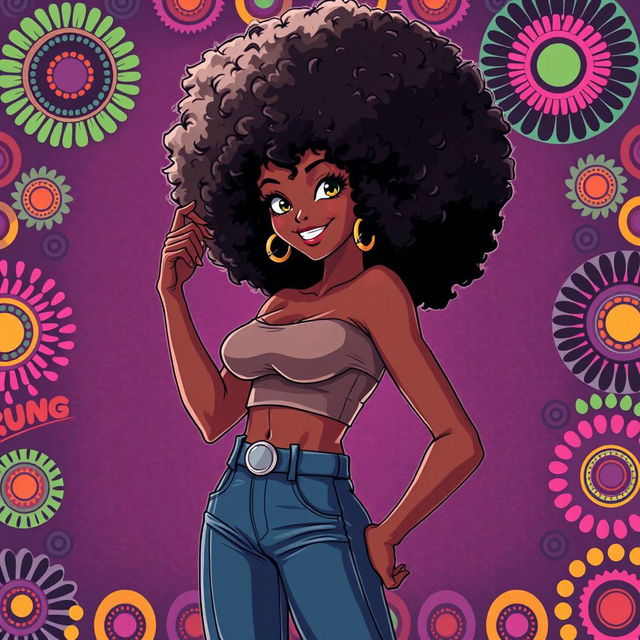 A sexy Black anime girl with a glamorous 70's style Afro hair, voluminous and perfectly styled to capture the iconic look of that era