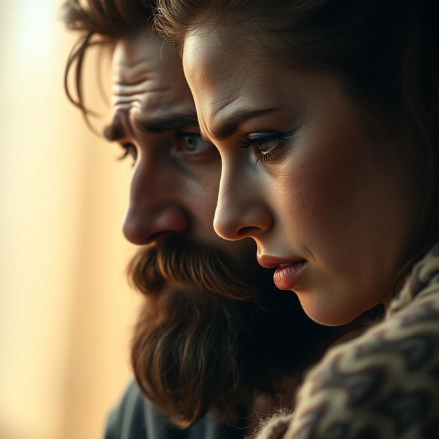 A moving scene featuring a bearded man and a woman crying intensely, showcasing their deep emotional connection and shared sorrow