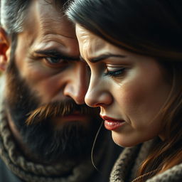 A moving scene featuring a bearded man and a woman crying intensely, showcasing their deep emotional connection and shared sorrow