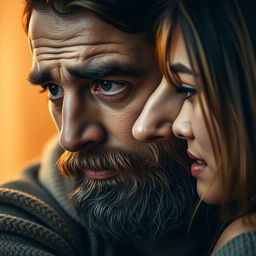 A moving scene featuring a bearded man and a woman crying intensely, showcasing their deep emotional connection and shared sorrow
