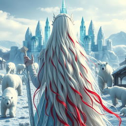 A fantastic princess with long white hair adorned with vibrant red streaks, viewed from the back