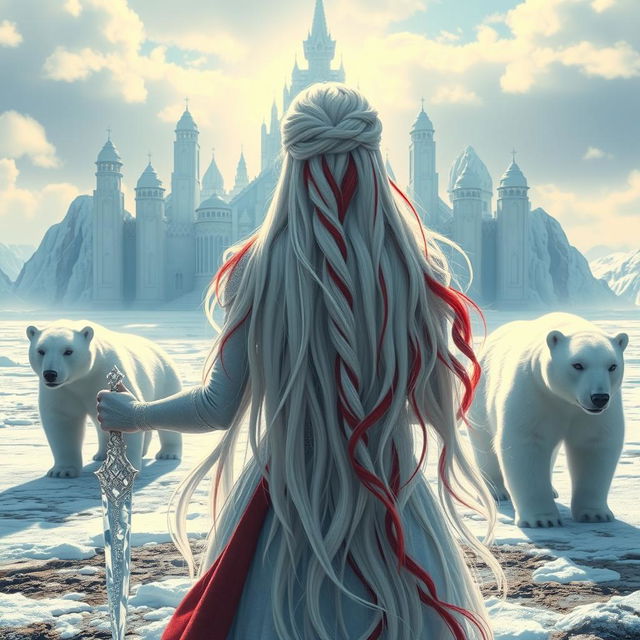 A fantastic princess with long white hair adorned with vibrant red streaks, viewed from the back