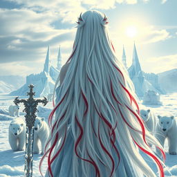 A fantastic princess with long white hair adorned with vibrant red streaks, viewed from the back