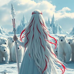 A fantastic princess with long white hair adorned with vibrant red streaks, viewed from the back