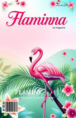 A vibrant flamingo-themed magazine cover template in landscape orientation