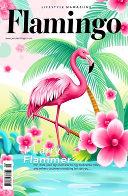 A vibrant flamingo-themed magazine cover template in landscape orientation