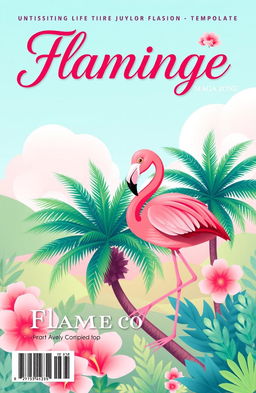 A vibrant flamingo-themed magazine cover template in landscape orientation