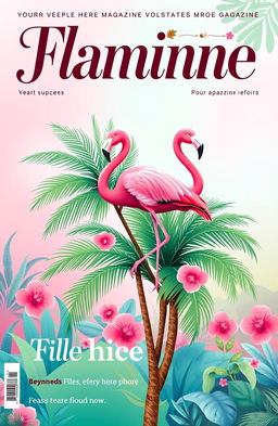 A vibrant flamingo-themed magazine cover template in landscape orientation
