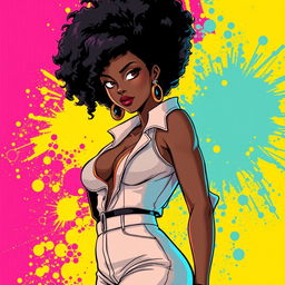 A sexy Black woman illustrated in the distinctive Bleach anime art style, featuring a bold and stylish 70's Afro hairstyle that adds a touch of retro flair