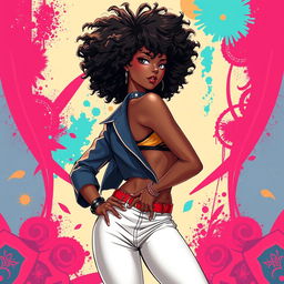 A sexy Black woman illustrated in the distinctive Bleach anime art style, featuring a bold and stylish 70's Afro hairstyle that adds a touch of retro flair