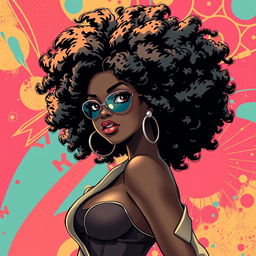 A sexy Black woman illustrated in the distinctive Bleach anime art style, featuring a bold and stylish 70's Afro hairstyle that adds a touch of retro flair