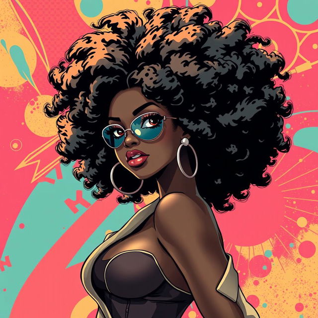 A sexy Black woman illustrated in the distinctive Bleach anime art style, featuring a bold and stylish 70's Afro hairstyle that adds a touch of retro flair