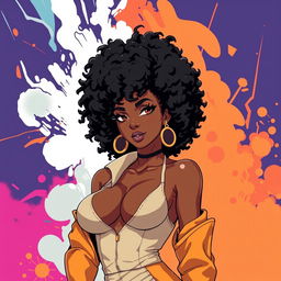 A sexy Black woman illustrated in the distinctive Bleach anime art style, featuring a bold and stylish 70's Afro hairstyle that adds a touch of retro flair