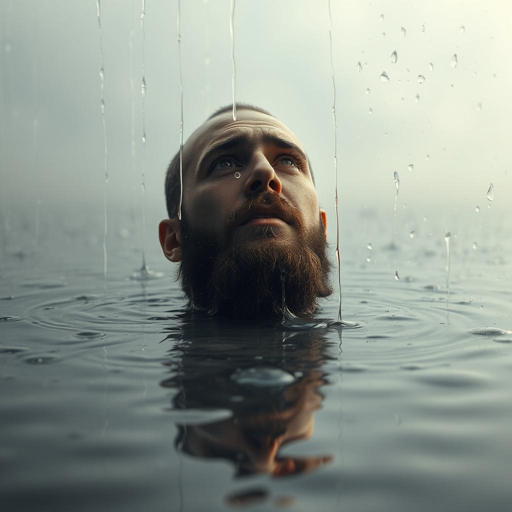 A surreal and emotional scene featuring a bearded man crying uncontrollably, his tears cascading down and flooding the ground around him