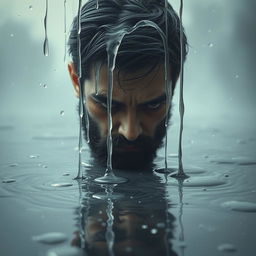 A surreal and emotional scene featuring a bearded man crying uncontrollably, his tears cascading down and flooding the ground around him