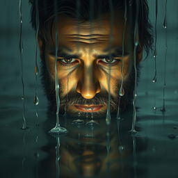 A surreal and emotional scene featuring a bearded man crying uncontrollably, his tears cascading down and flooding the ground around him