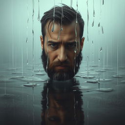 A surreal and emotional scene featuring a bearded man crying uncontrollably, his tears cascading down and flooding the ground around him