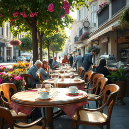 A serene outdoor scene depicting a cozy café on a bustling street lined with vibrant flowers and greenery