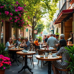 A serene outdoor scene depicting a cozy café on a bustling street lined with vibrant flowers and greenery