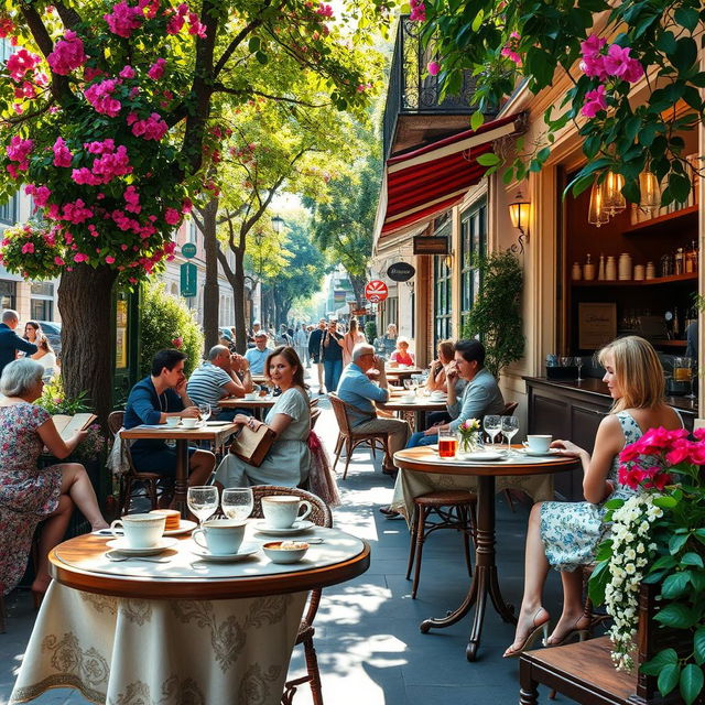 A serene outdoor scene depicting a cozy café on a bustling street lined with vibrant flowers and greenery