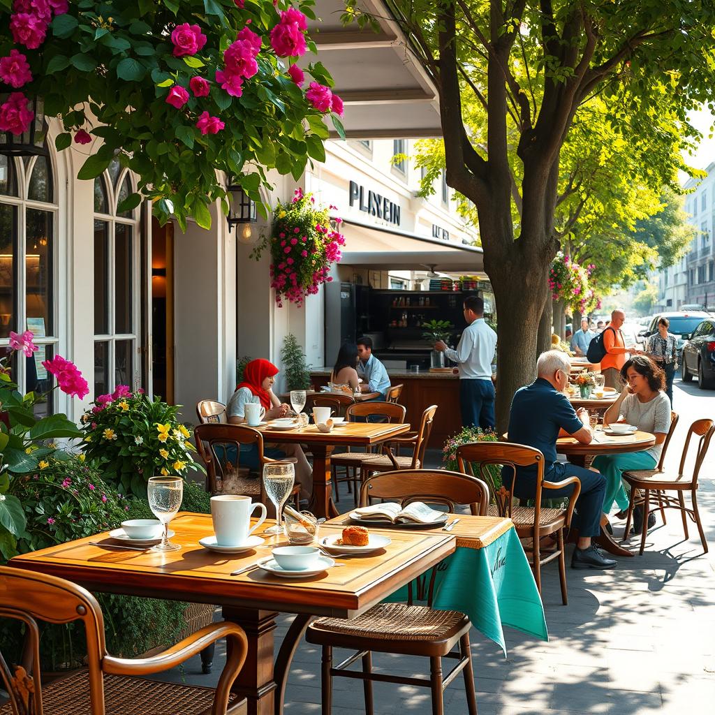 A serene outdoor scene depicting a cozy café on a bustling street lined with vibrant flowers and greenery