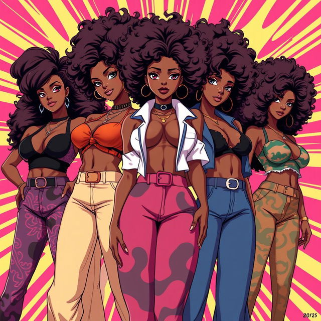 A group of sexy Black women illustrated in the dynamic Bleach anime art style, each flaunting a stunning 70's style Afro hairstyle that symbolizes confidence and retro charisma