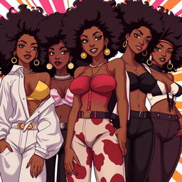 A group of sexy Black women illustrated in the dynamic Bleach anime art style, each flaunting a stunning 70's style Afro hairstyle that symbolizes confidence and retro charisma