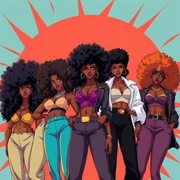 A group of sexy Black women illustrated in the dynamic Bleach anime art style, each flaunting a stunning 70's style Afro hairstyle that symbolizes confidence and retro charisma
