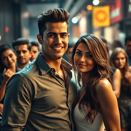 A striking scene featuring a beautiful man and woman who are the center of attention, radiating charm and charisma