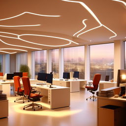 A modern, spacious office interior with large windows, ergonomic furniture, and state-of-the-art technology under soft, warm lighting.