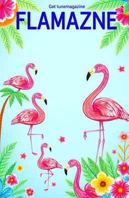 A vibrant and colorful magazine cover template featuring a flamingo theme, designed in a landscape page orientation
