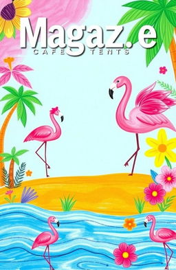 A vibrant and colorful magazine cover template featuring a flamingo theme, designed in a landscape page orientation