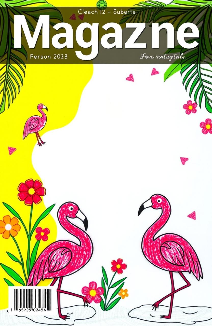 A vibrant and colorful magazine cover template featuring a flamingo theme, designed in a landscape page orientation