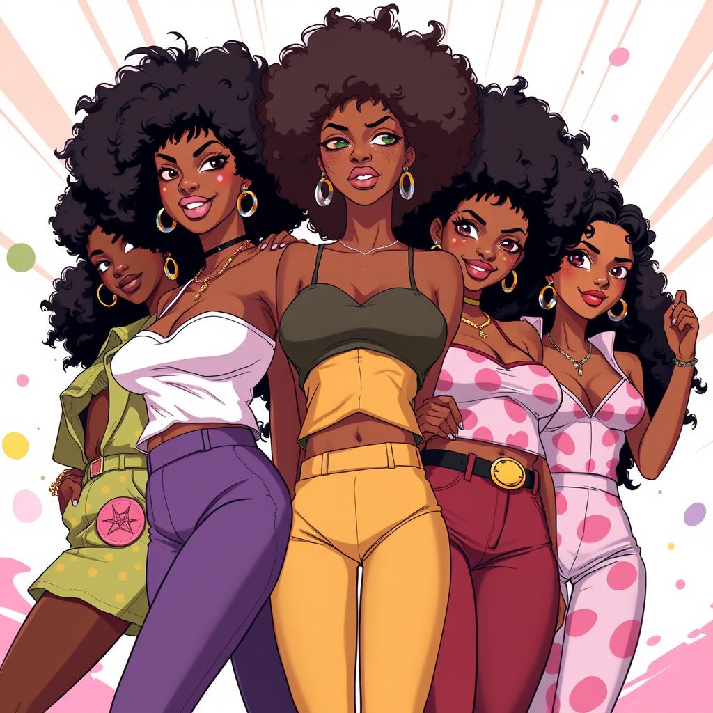 A group of sexy Black women illustrated in the vibrant Bleach anime art style, each showcasing stylish 70's style Afro hairstyles that exude confidence and retro charm