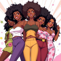 A group of sexy Black women illustrated in the vibrant Bleach anime art style, each showcasing stylish 70's style Afro hairstyles that exude confidence and retro charm