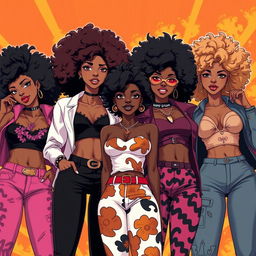 A group of sexy Black women illustrated in the vibrant Bleach anime art style, each showcasing stylish 70's style Afro hairstyles that exude confidence and retro charm