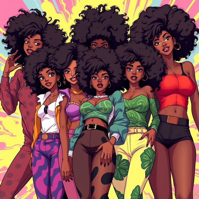 A group of sexy Black women illustrated in the vibrant Bleach anime art style, each showcasing stylish 70's style Afro hairstyles that exude confidence and retro charm