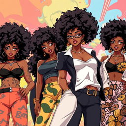 A group of sexy Black women illustrated in the vibrant Bleach anime art style, each showcasing stylish 70's style Afro hairstyles that exude confidence and retro charm