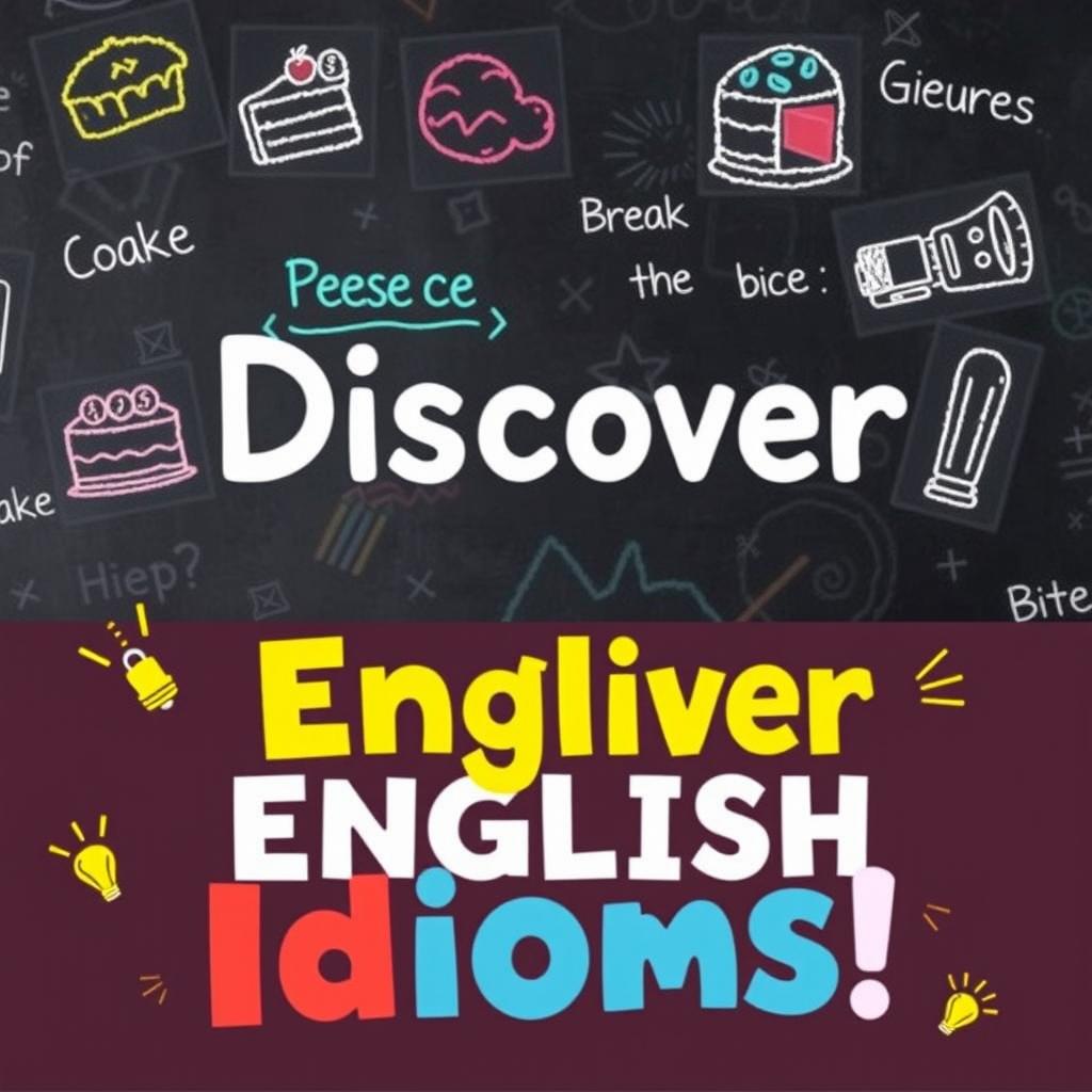 A visually appealing cover for a post about English idioms, featuring a chalkboard background with colorful chalk drawings of various idioms like 'Piece of cake', 'Break the ice', and 'Bite the bullet'